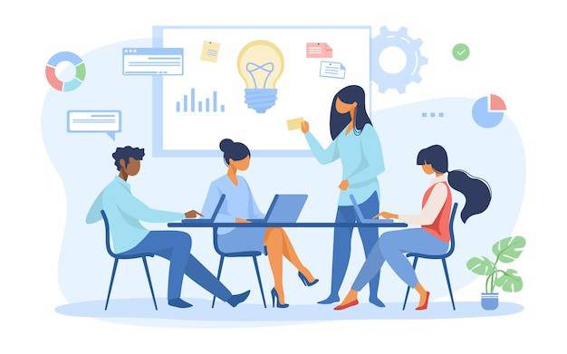 four diverse professionals collaborating in a modern office setting discussing ideas illustrated with graphs and lightbulb concept for effective teamwork and innovation